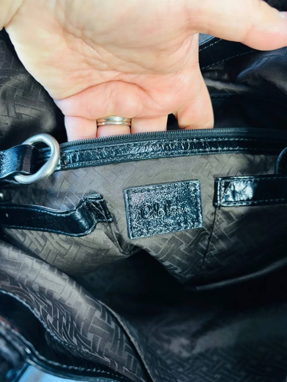 Cole Haan Genevieve | Black Woven Patent Leather Triangle Tote Shoulder Bag